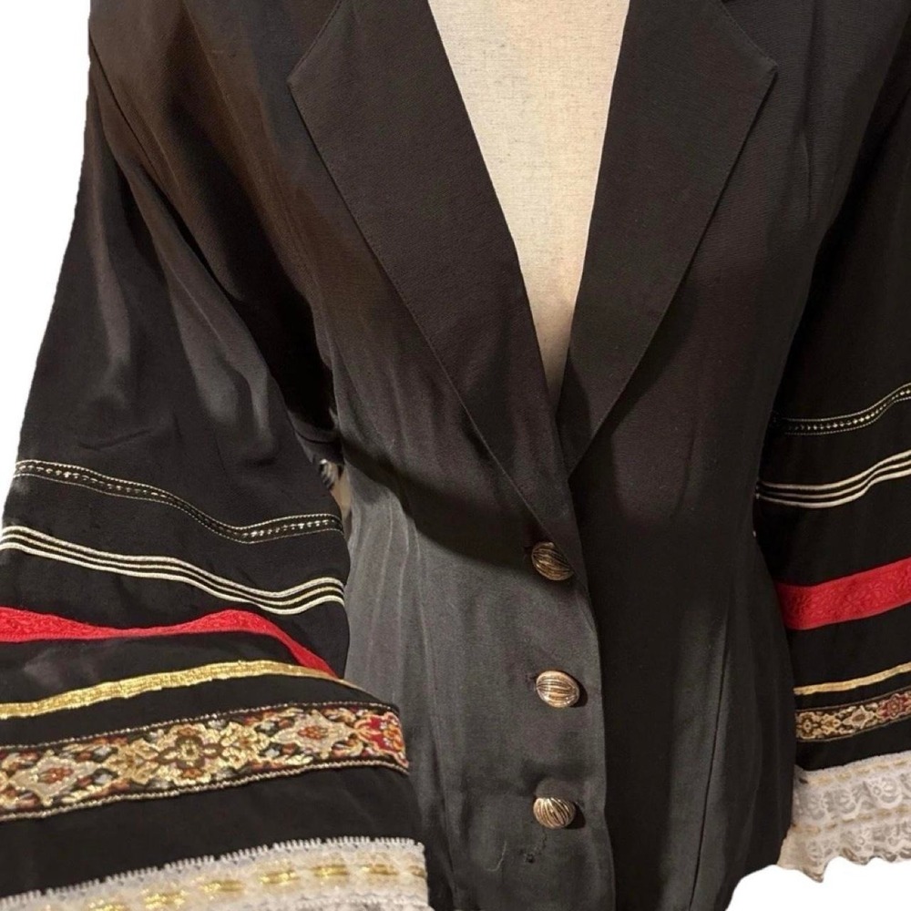 Vtg 1980s RARE Francine Browner BLK Romantic Goth Blazer Gold Lace Tapestry M